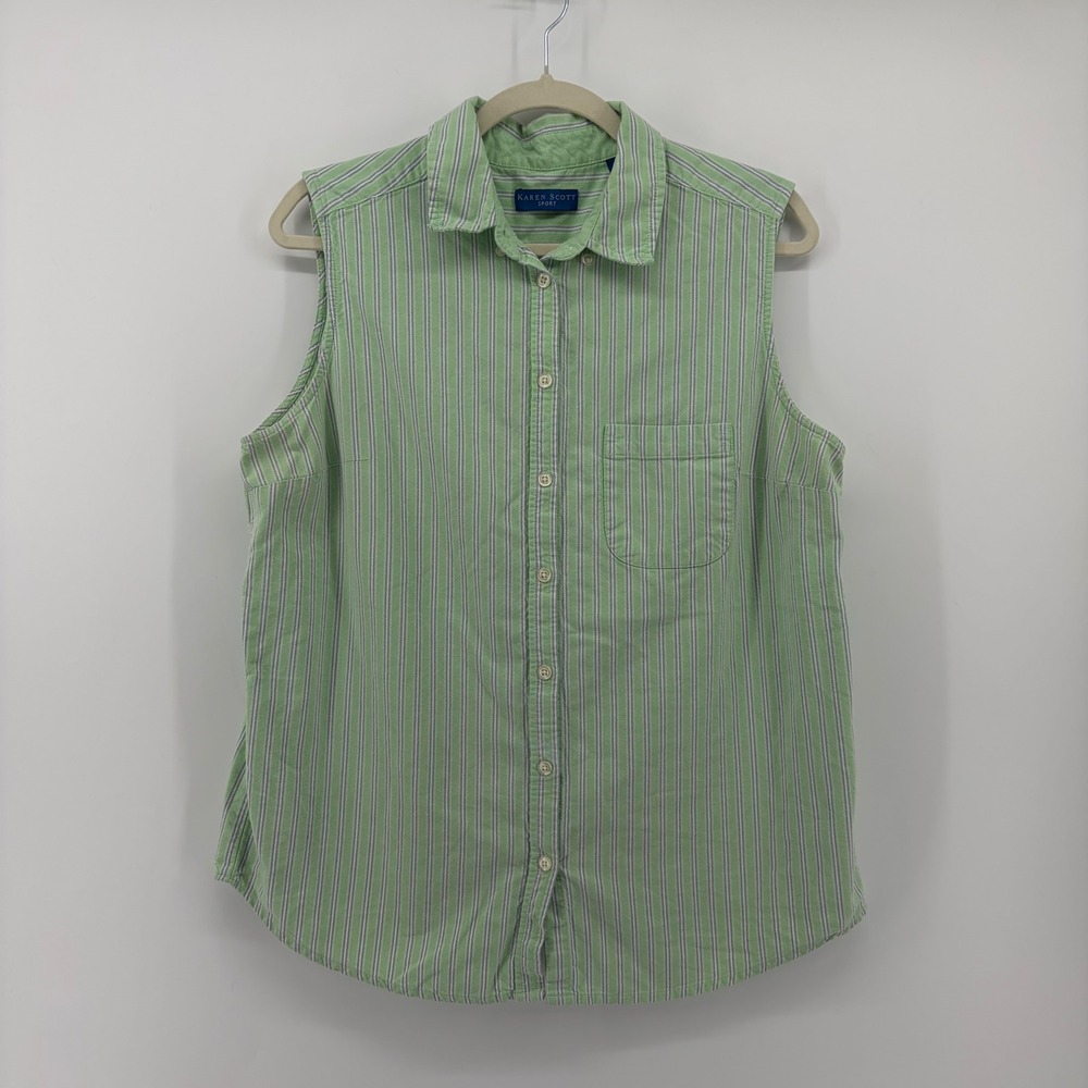 Karen Scott Womens XL Green Striped Sleeveless Button Down Cotton Shirt Pocket